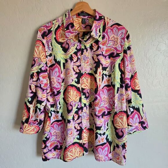 Ralph Lauren Colorful Paisley Button Up Cotton Top Pink/Multi Sz 2X Plus Artsy - Picture 1 of 6